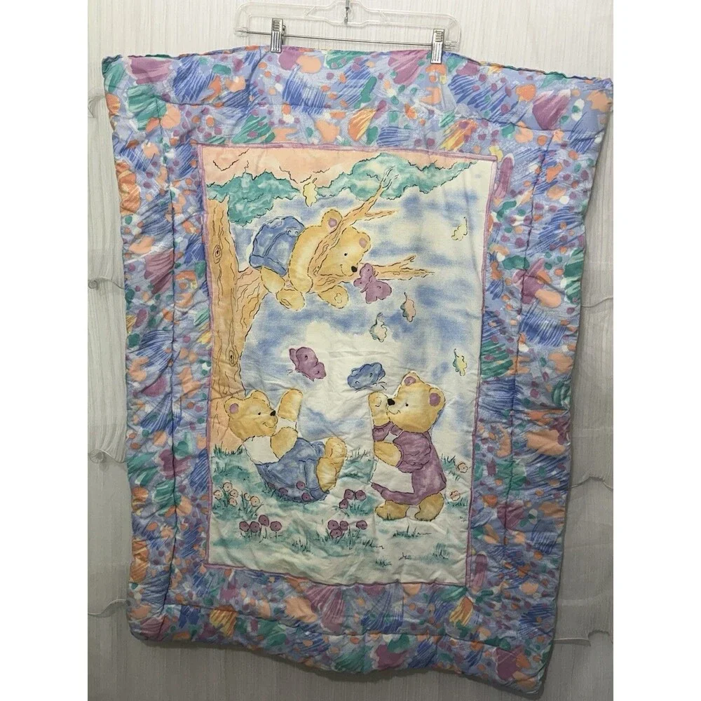 Vtg Bears & Butterflies Pastel Baby Crib Blanket Comforter Fisher Price 90’s USA